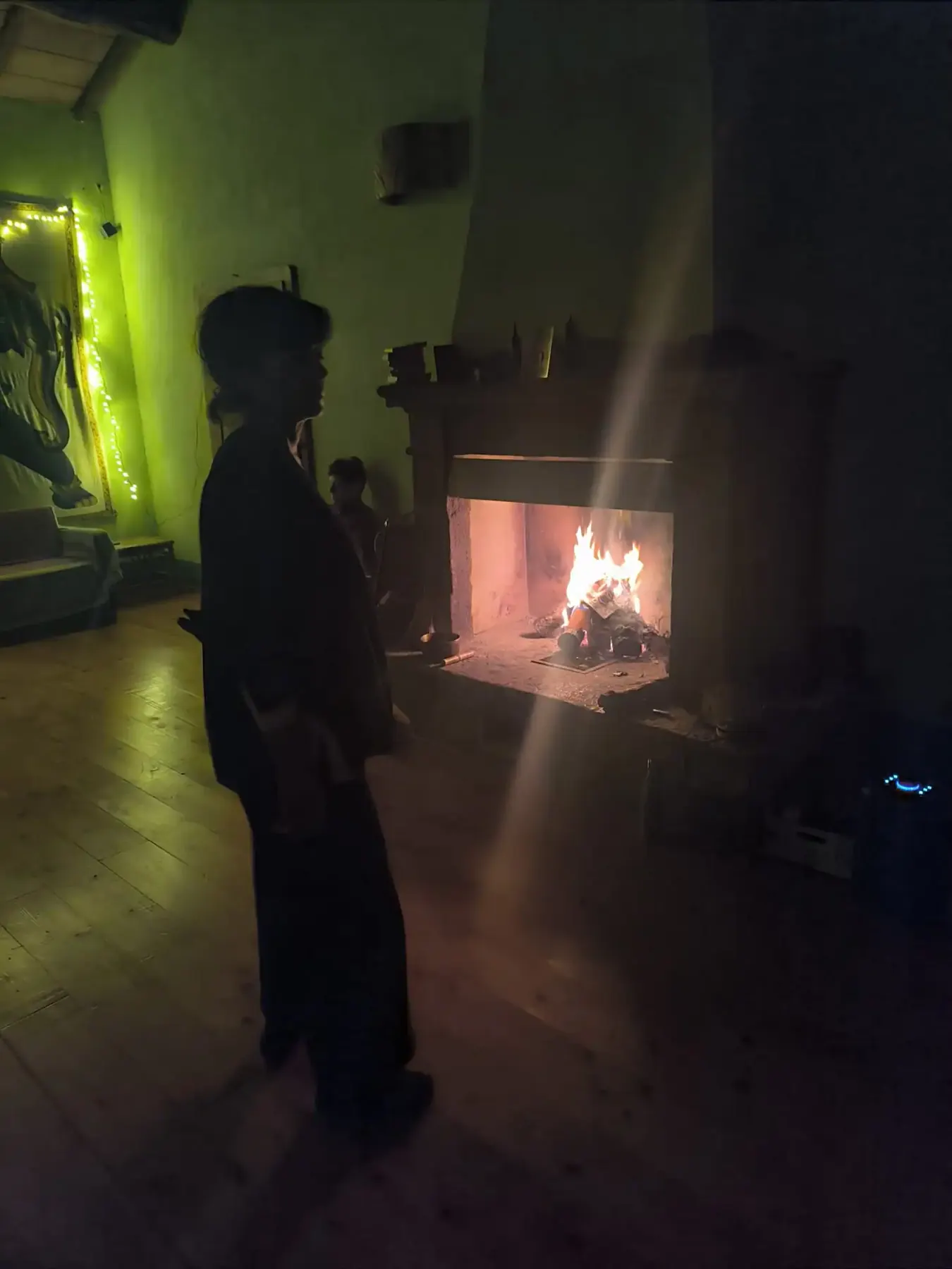 Una figura in controluce davanti al fuoco del camino, nella sala in penombra