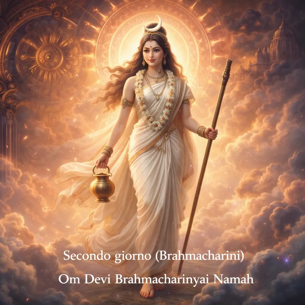Secondo giorno, Brahmacharini: la dea vestita di bianco con il bastone e il vaso d'acqua, e la scritta del mantra Om Devi Brahmacharinyai Namah