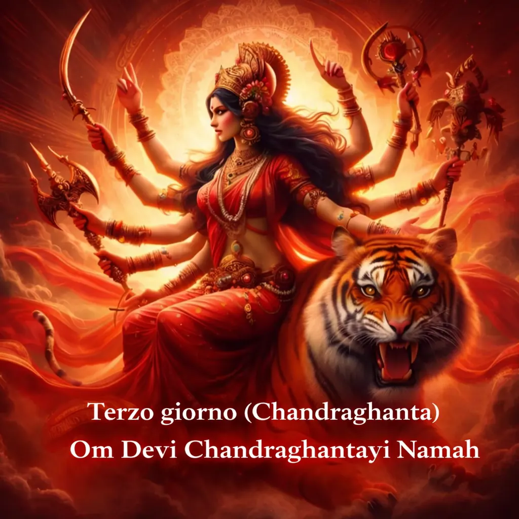 Terzo giorno, Chandraghanta: la dea dalle molte braccia su una tigre, fra fiamme rosse, e la scritta del mantra Om Devi Chandraghantayai Namah