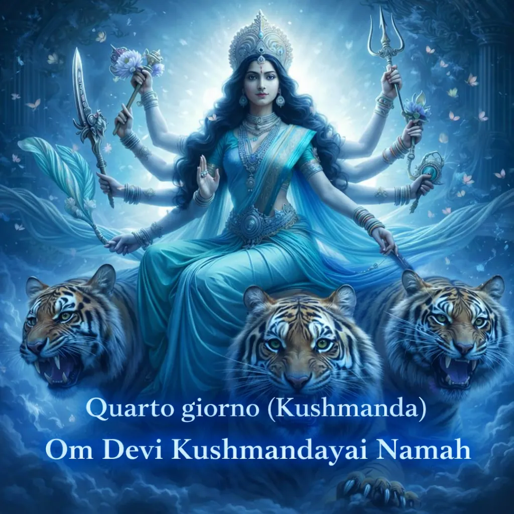 Quarto giorno, Kushmanda: la dea in blu fra tre tigri, e la scritta del mantra Om Devi Kushmandayai Namah