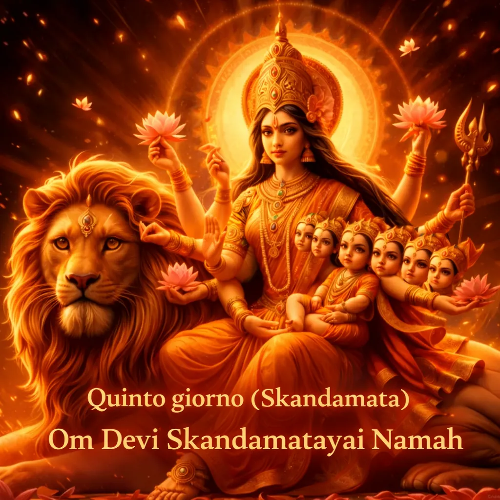 Quinto giorno, Skandamata: la dea in arancione con un leone e dei bambini in grembo, e la scritta del mantra Om Devi Skandamatayai Namah