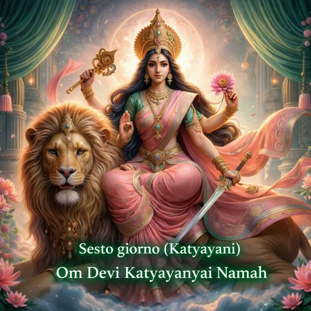 Sesto giorno, Katyayani: la dea in verde e rosa con la spada, accanto a un leone, e la scritta del mantra Om Devi Katyayanyai Namah