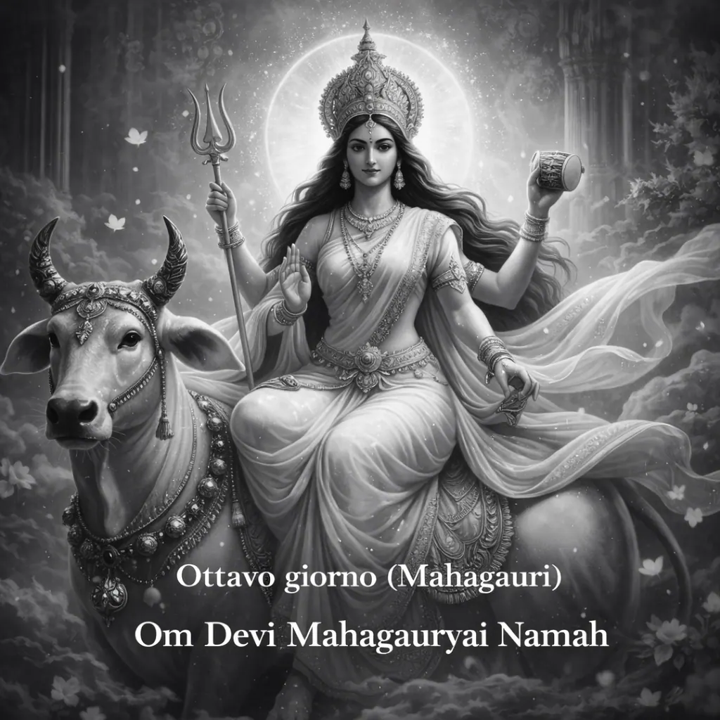 Ottavo giorno, Mahagauri: la dea in bianco e grigio con il tridente, in sella a un toro, e la scritta del mantra Om Devi Mahagauryai Namah