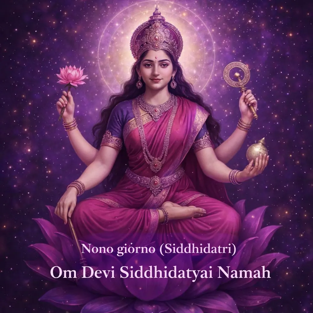 Nono giorno, Siddhidatri: la dea in viola seduta su un loto, e la scritta del mantra Om Devi Siddhidatyai Namah